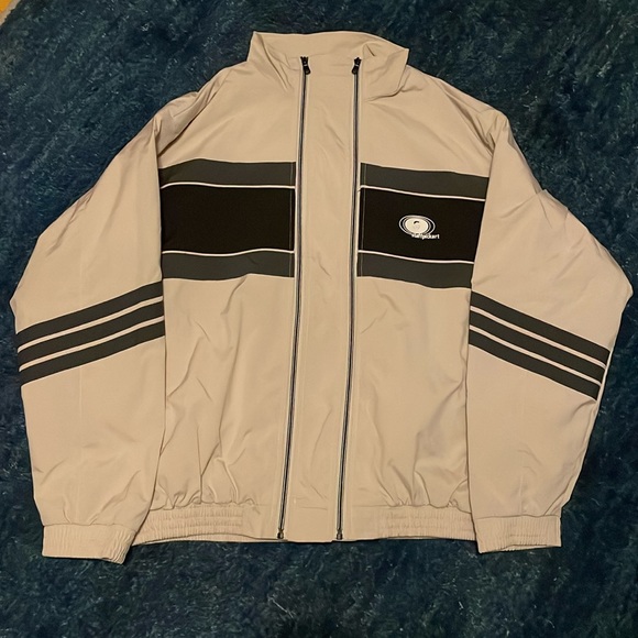 White Windbreaker Jacket With Black and Grey Stripes - Picture 1 of 1
